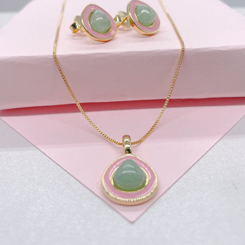 18k Gold Filled, Avocado Style Necklace Set With Enamel and Natural Stone