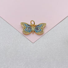 Load image into Gallery viewer, 18k Gold Filled Blue tones Enamel Butterfly Charm With CZ Pave
