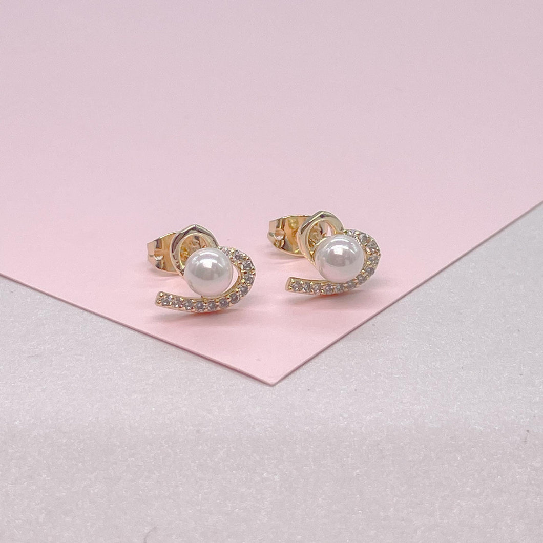 18k Gold Filled Tiny Heart Stud With Pearl CZ In Center