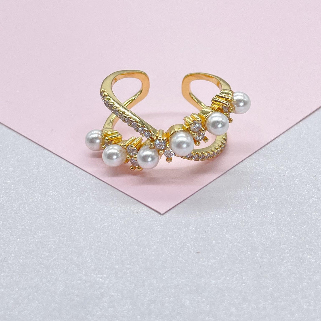 Adjustable 18k Gold Filled CZ and pearl Ring Dainty Jewelry