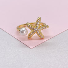 Load image into Gallery viewer, Adjustable 18k Gold Filled CZ and pearl Star-Fish Ring Dainty Jewelry
