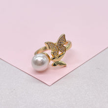 Load image into Gallery viewer, Adjustable 18k Gold Filled CZ and pearl Butterfly Ring Dainty Jewelry
