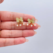 Load image into Gallery viewer, 18k Gold Filled Bow Stud Jacket Earring With Pearl Ends
