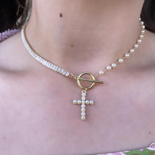 Load image into Gallery viewer, 18k Gold Filled Half Baguette Tennis &amp; Half Pearl Necklace Chain Choker
