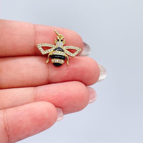 18k Gold Filled Black Stripe & All Gold Bee Pendant Both with White Pave Stones