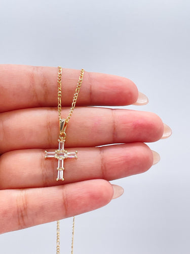 18k Gold Filled Clear CZ Baguette Stone Cut Cross Pendant In 2 Sizes