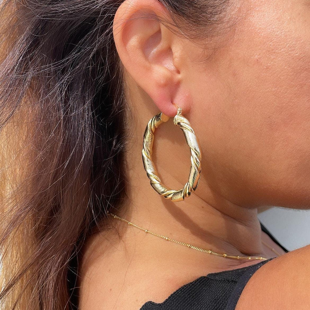 18k Gold Filled Chunky Smooth Twisted and Textured Croissant Hoop Earrings, Available in 3 Sizes