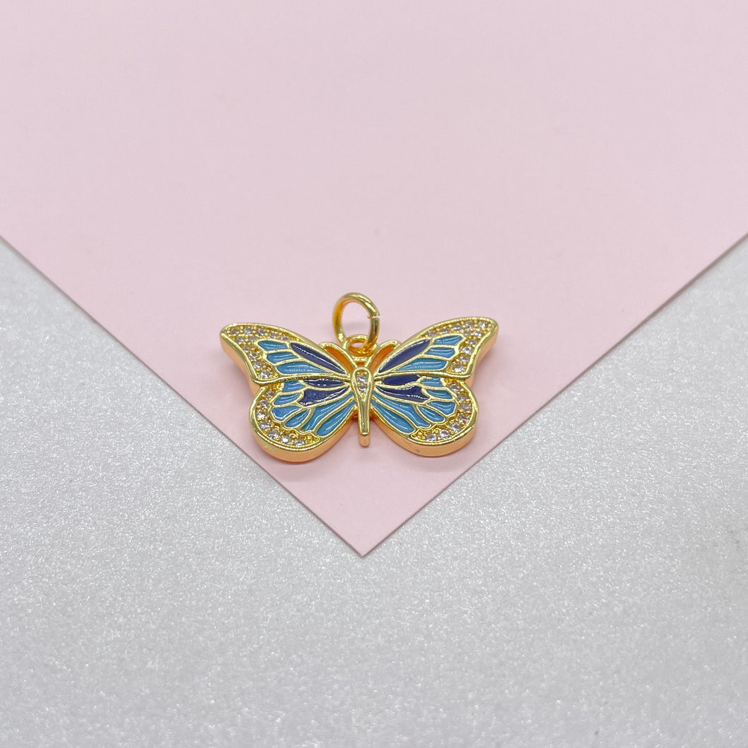 18k Gold Filled Blue tones Enamel Butterfly Charm With CZ Pave