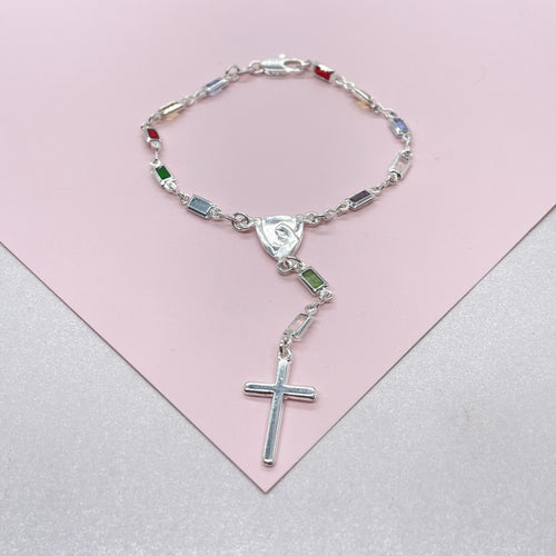 Silver Filled Small Baguette-Cut Colorful Rosary Bracelet, Multicolor with Virgin and Cross Medal