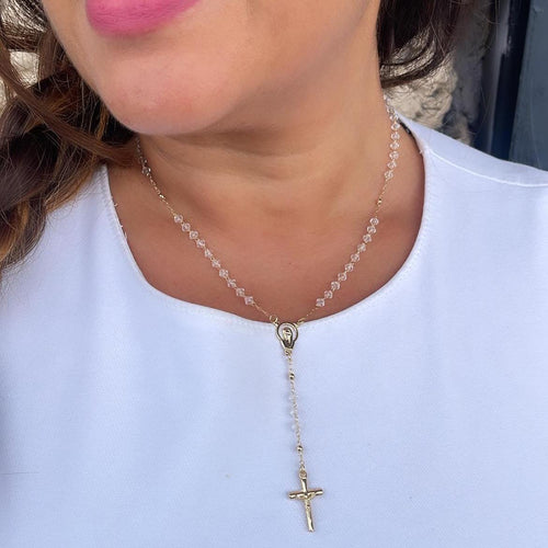 18k Gold Filled White Beaded Necklace With Virgin Mary Engraved and Jesus Cross Charm