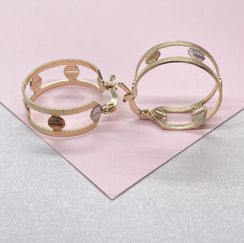 18k Gold Filled Dainty 3 Tone Screw Patterned Hoops