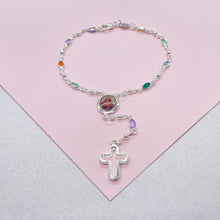 Load image into Gallery viewer, Silver Filled Small Round Colorful Rosary Bracelet, Multicolor with Jesus and Cross Medal
