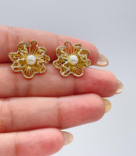 Load image into Gallery viewer, 18k Gold Filled Textured Flower Stud Earring With Faux Pearl Center
