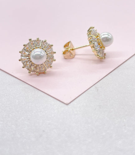 18k Gold Filled Round Stud with mini baguette zirconias and a baby pearl in the middle