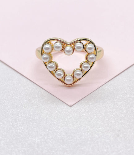 Adjustable 18k Gold Filled Pearl Heart Outline Ring