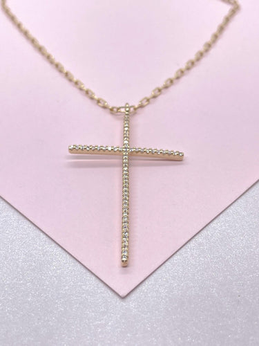 18k Gold Filled 1.5mm Ultra-Thin CZ Cross Pendant with Paper Clip Chain