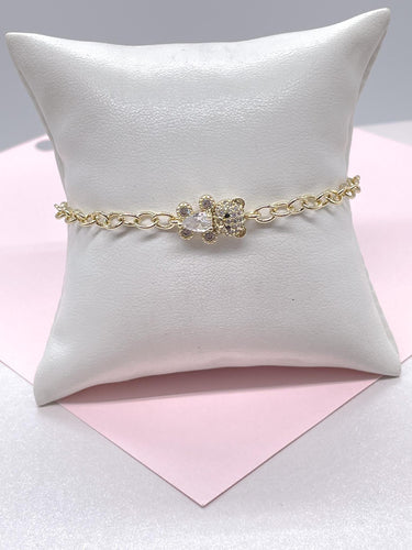 18k Gold Filled Adjustable Curb Link Bracelet With CZ Teddy Bear Center
