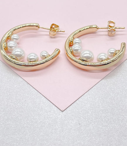 18k Gold filled Smooth Hoop Earrings With Inner Pearls Attached