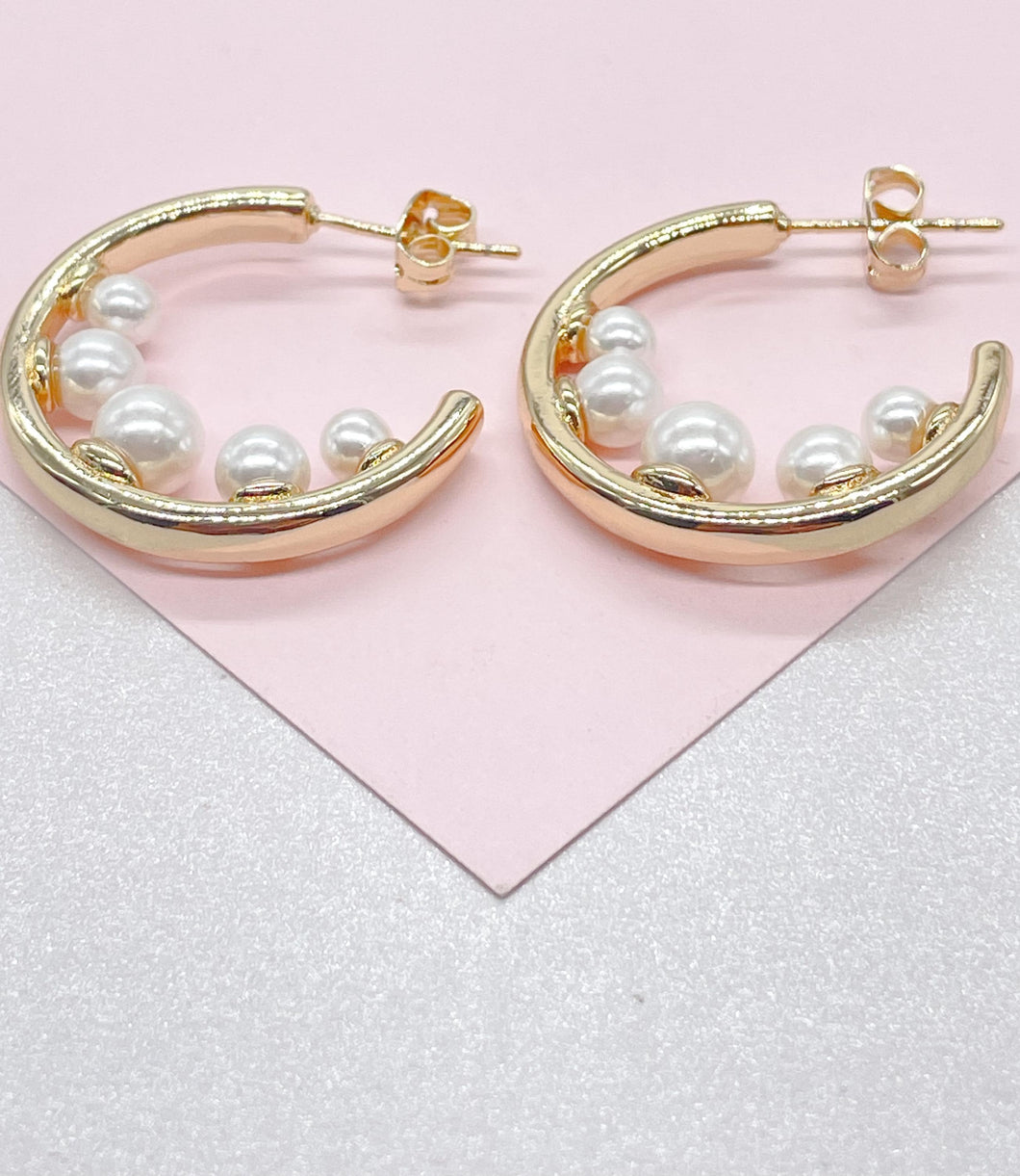 18k Gold filled Smooth Hoop Earrings With Inner Pearls Attached