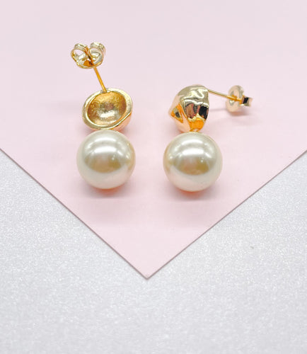 18k Gold Filled Textured Earring with Dangling Smooth Pearl