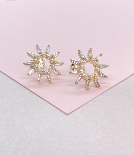 18k Gold Filled Sunburst Pearl Earring Crowned with CZ