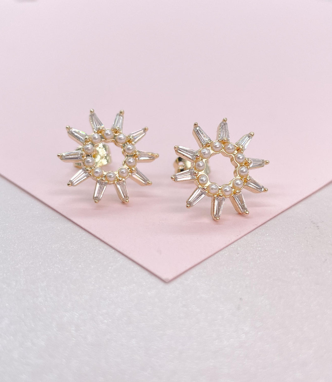 18k Gold Filled Sunburst Pearl Earring Crowned with CZ