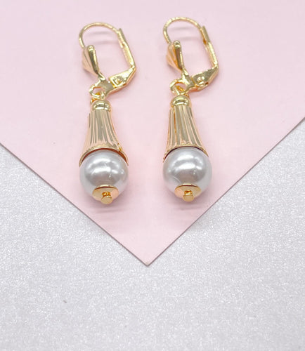 18k Gold Filled Cylinder-Cone Shape Drop Earring featuring a Small Smooth Pearl