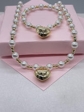 Load image into Gallery viewer, 18k Gold Filled Gold And Pearl Bead necklace with Puffy Heart Center
