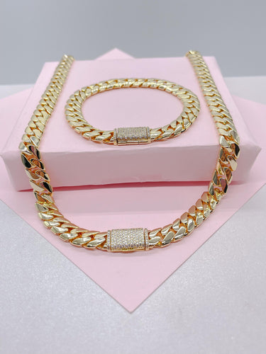 14k Gold Filled 8mm Monaco Link Necklace Chain and Bracelet With CZ Pave Embellished Clasp