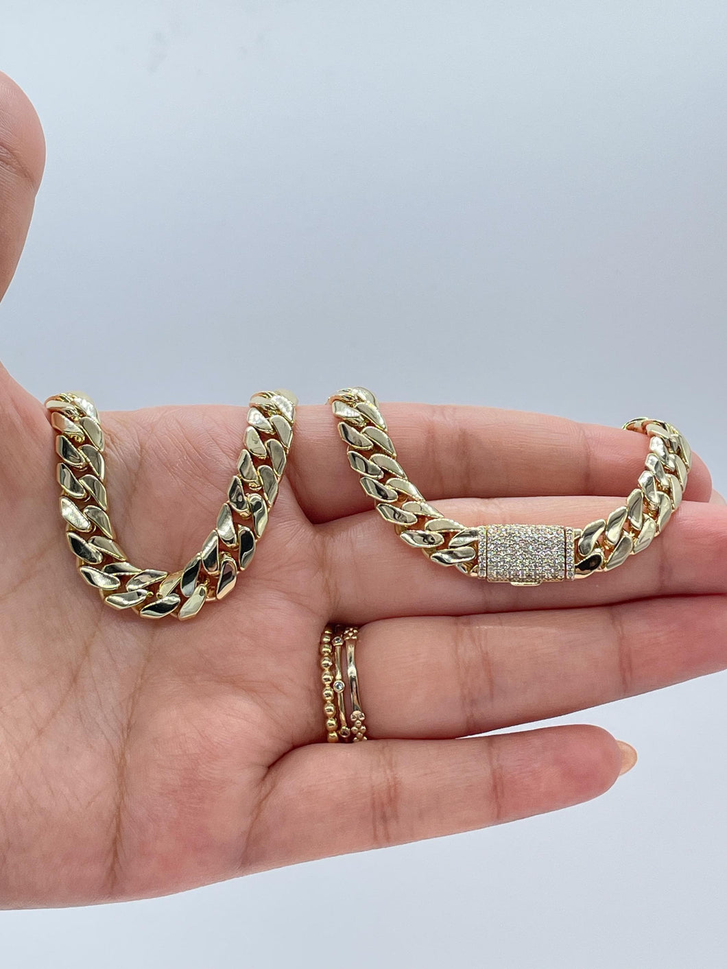 14k Gold Filled 8mm Monaco Link Necklace Chain and Bracelet With CZ Pave Embellished Clasp