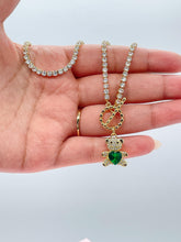 Load image into Gallery viewer, 18k Gold Filled Tennis Chain Toggle Choker With Green CZ Bear Charm
