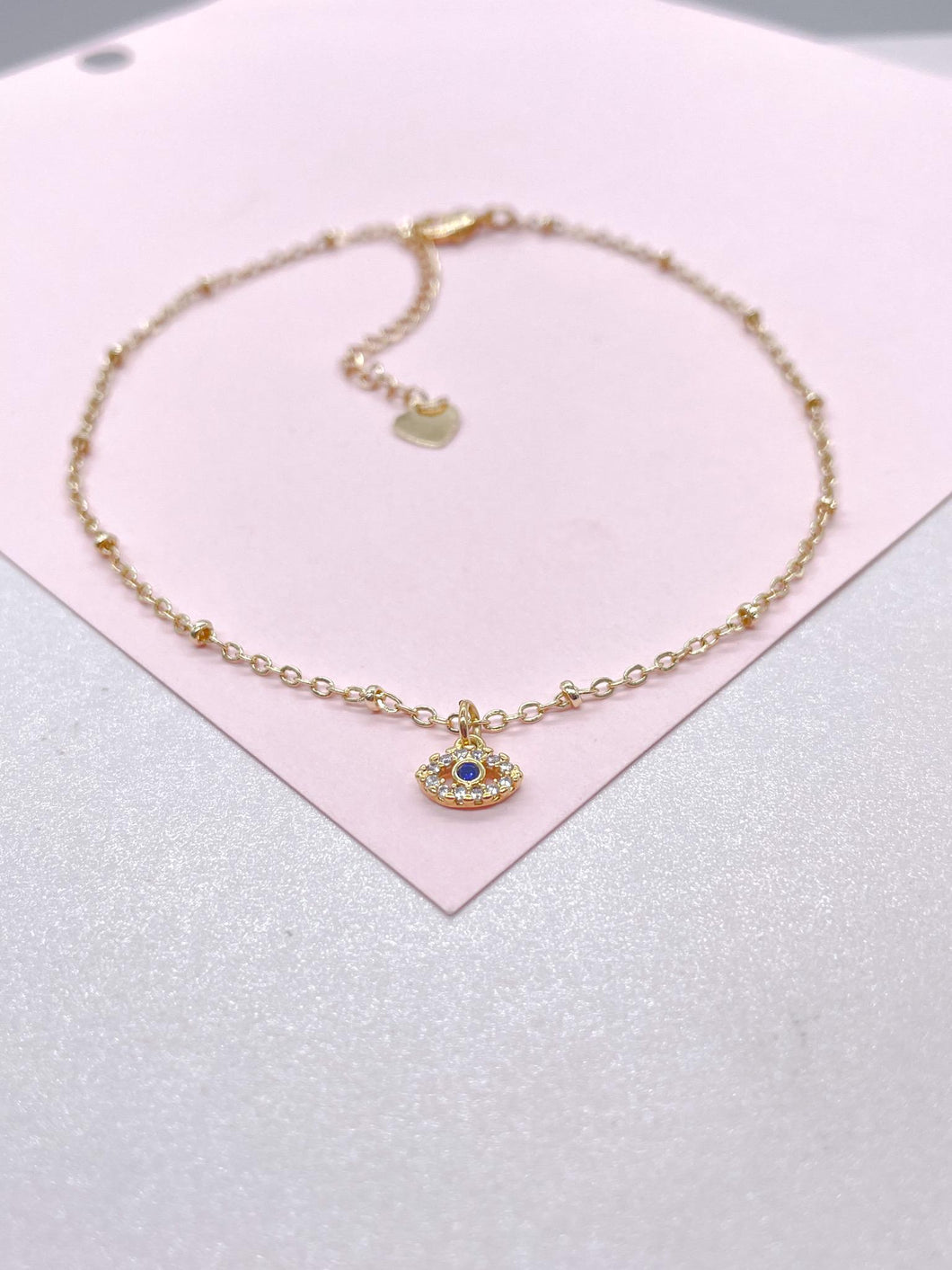 18k Gold Filled Dainty Satellite Anklet featuring Blue Evil Eye Charm, Protection Jewelry