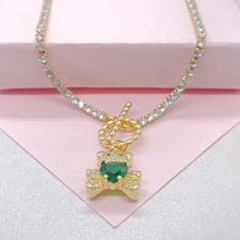 Load image into Gallery viewer, 18k Gold Filled Tennis Chain Toggle Choker With Green CZ Bear Charm
