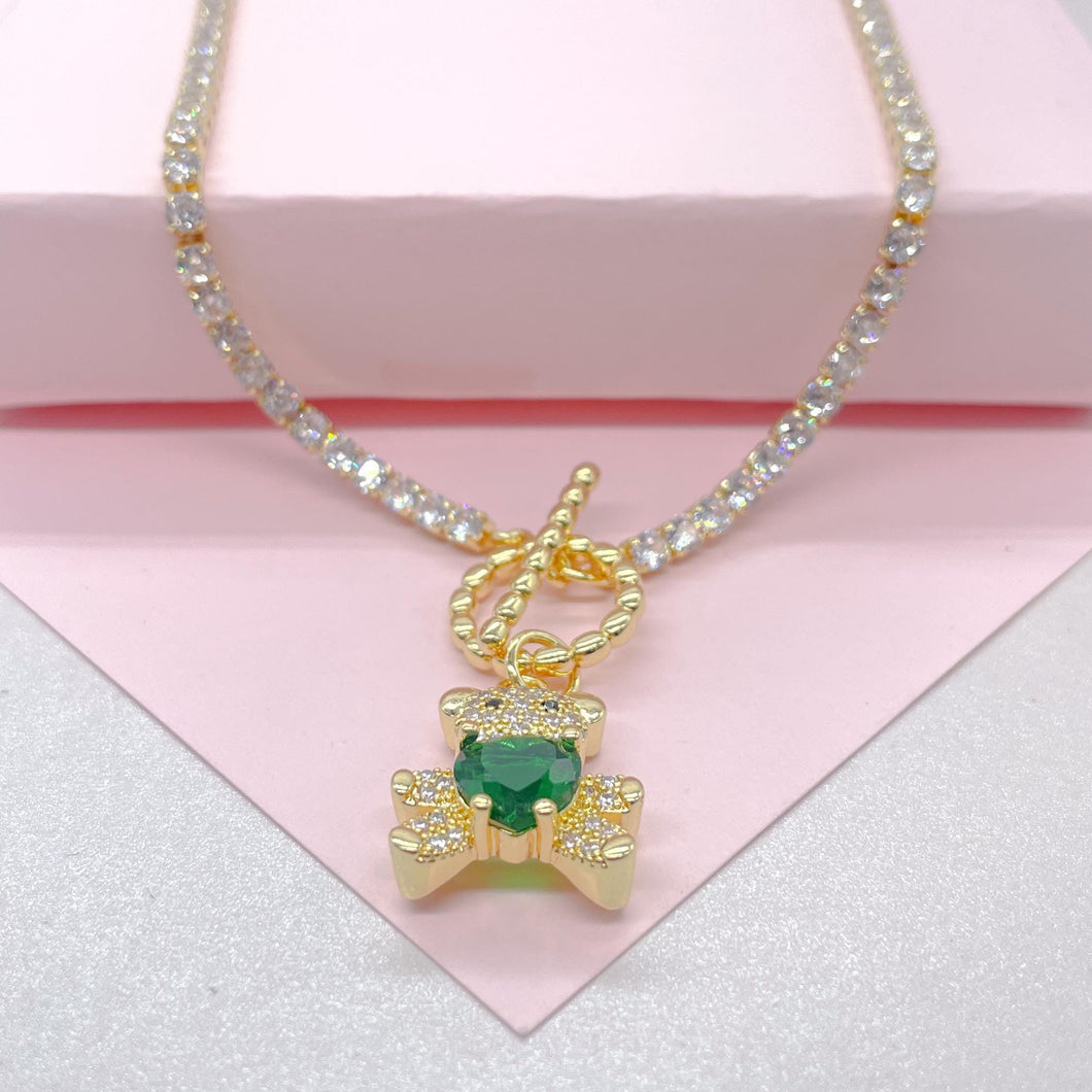 18k Gold Filled Tennis Chain Toggle Choker With Green CZ Bear Charm