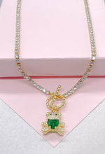 Load image into Gallery viewer, 18k Gold Filled Tennis Chain Toggle Choker With Green CZ Bear Charm
