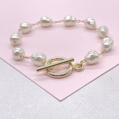 18k Gold Filled Synthetic Pearl Toggle Bracelet