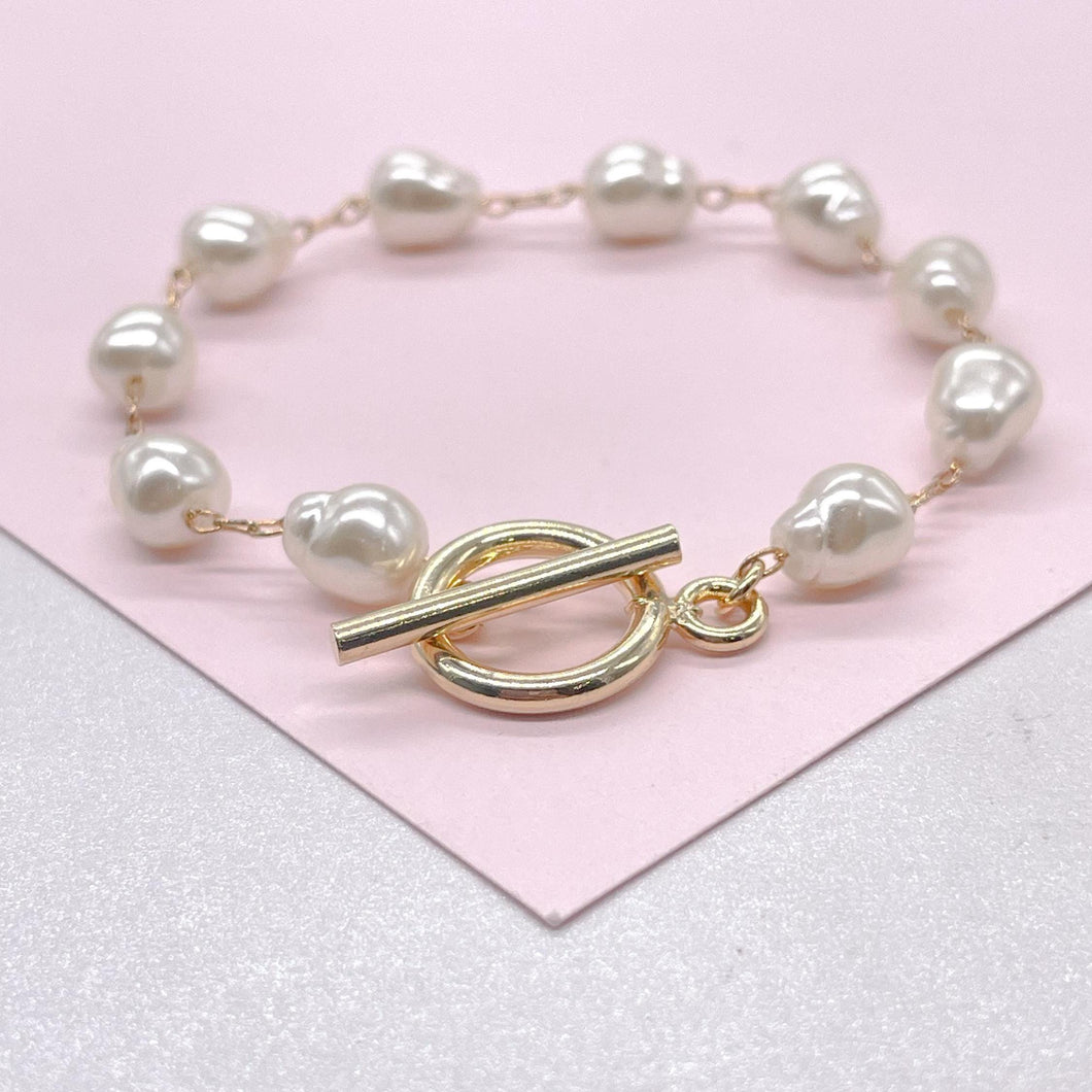 18k Gold Filled Synthetic Pearl Toggle Bracelet