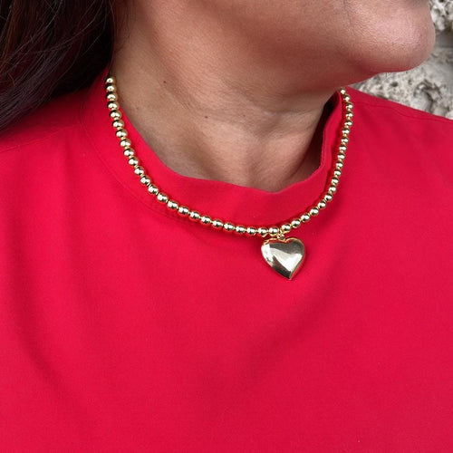 18k Gold Filled 6mm Bead Necklace with a Puffy Heart Charm attached