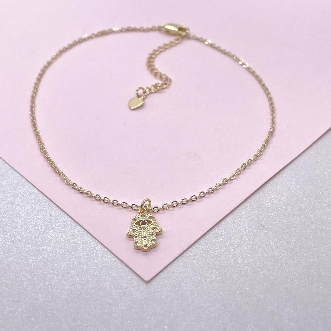 18k Gold Filled Dainty Satellite Anklet featuring Blue Evil Eye Hamsa Charm, Protection Jewelry