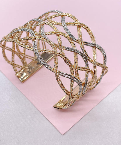 18k Gold Filled Two-Tone XL Thick Multi-Twist Braided Cuff Bracelet
