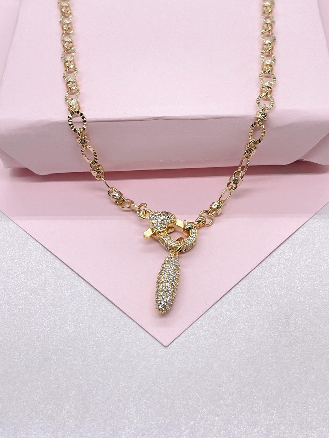 18k Gold Filled Starburst Specialty Chain Choker with CZ Clasp and Bullet Charm