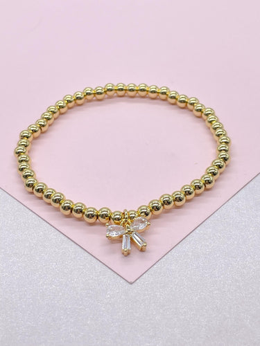 18k Gold Filled Elastic Classic 4mm Beaded Bracelet with CZ Dainty Bow