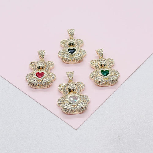 18k Gold Filled CZ Bear Charm with Colorful Heart Center