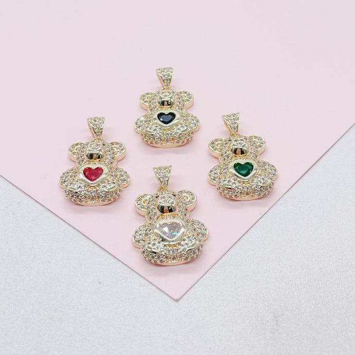 18k Gold Filled CZ Bear Charm with Colorful Heart Center