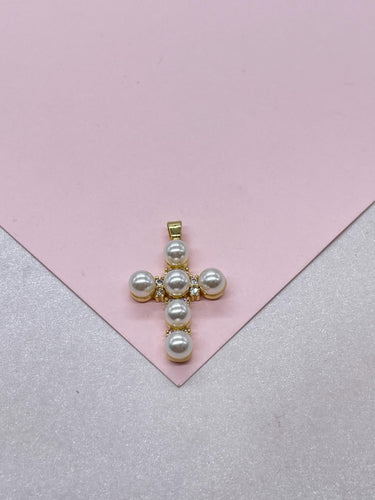 18k Gold Filled Pearl Style Cross Pendant with gold embellishments