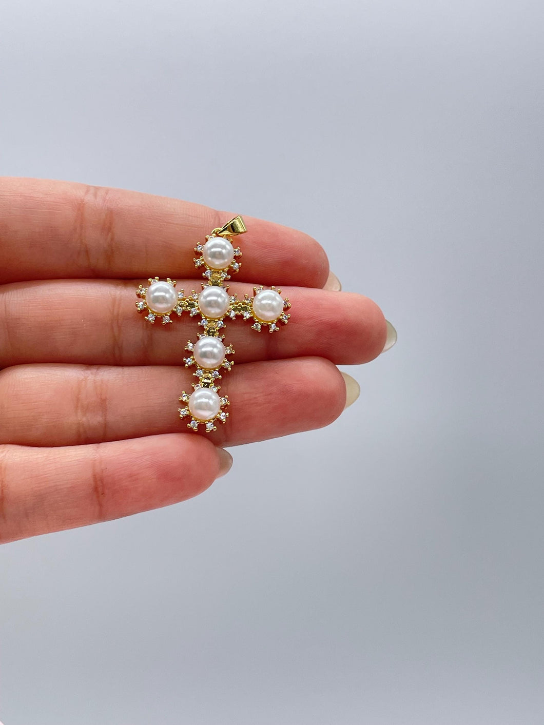 18k Gold Filled Faux All Around CZ Pearl Style Cross Pendant