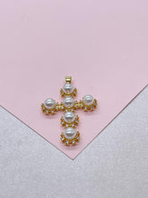 Load image into Gallery viewer, 18k Gold Filled Faux All Around CZ Pearl Style Cross Pendant
