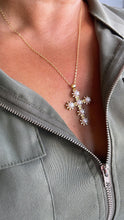 Load image into Gallery viewer, 18k Gold Filled Faux All Around CZ Pearl Style Cross Pendant
