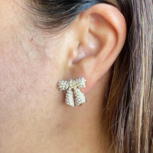 Load image into Gallery viewer, 18k Gold Filled Bow Stud Earring With Engraved Baby Faux Pearl
