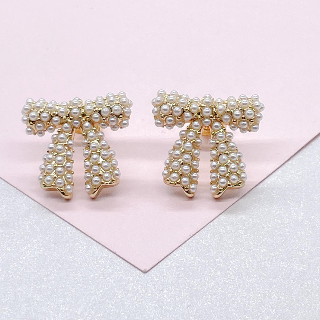 18k Gold Filled Bow Stud Earring With Engraved Baby Faux Pearl